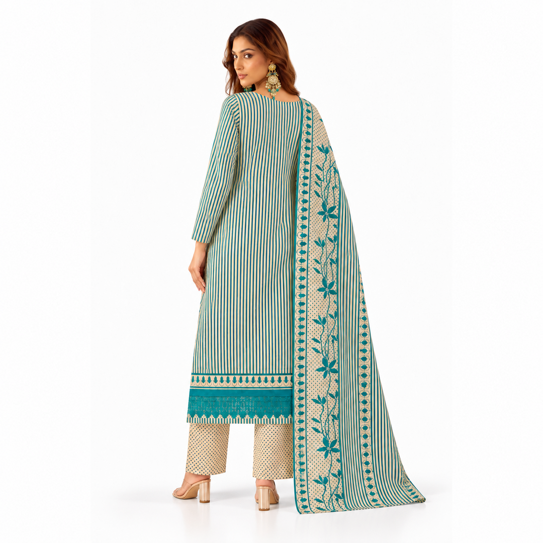 Women’s Teal & Cream Striped Kurta Set with Printed Pants and Dupatta