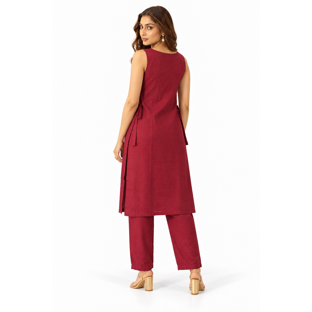 Women’s Maroon Embroidered Sleeveless Kurta Set with Pants