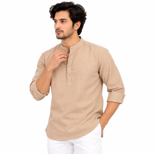 Men's Beige Solid Mandarin Collar Kurta with Button Placket