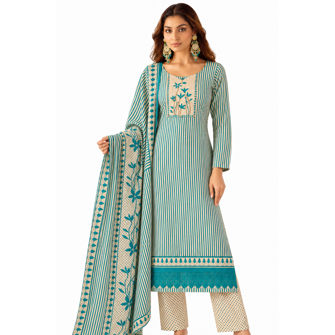 Women’s Teal & Cream Striped Kurta Set with Printed Pants and Dupatta