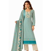 Women’s Teal & Cream Striped Kurta Set with Printed Pants and Dupatta