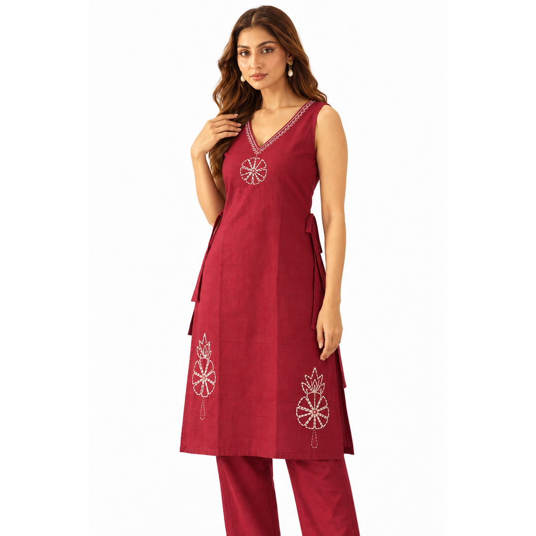 Women’s Maroon Embroidered Sleeveless Kurta Set with Pants