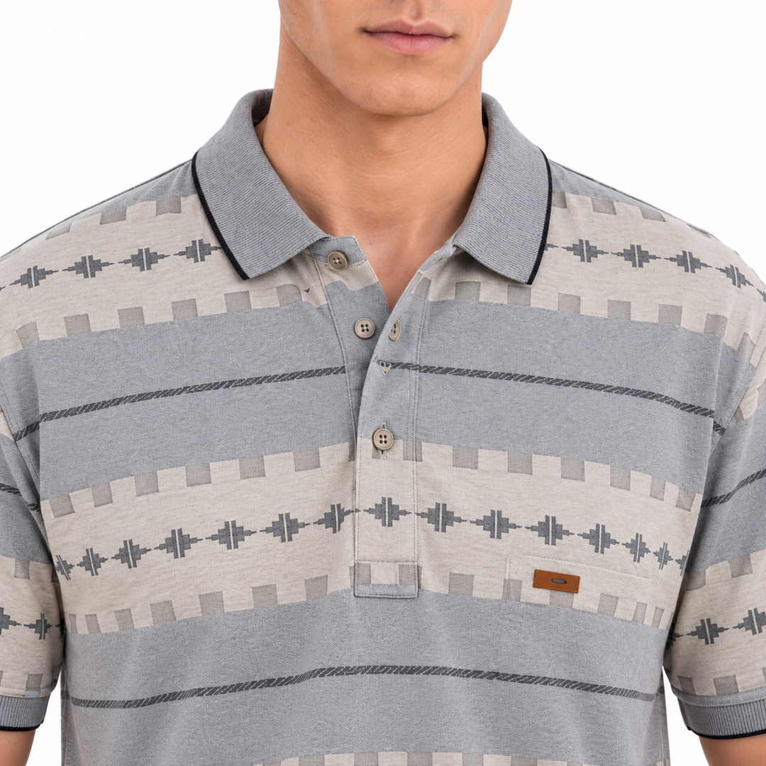 Men’s Grey Geometric Print Polo T-Shirt