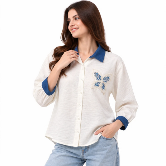 Women's White Button-Down Shirt with Blue Collar & Butterfly Embroidery