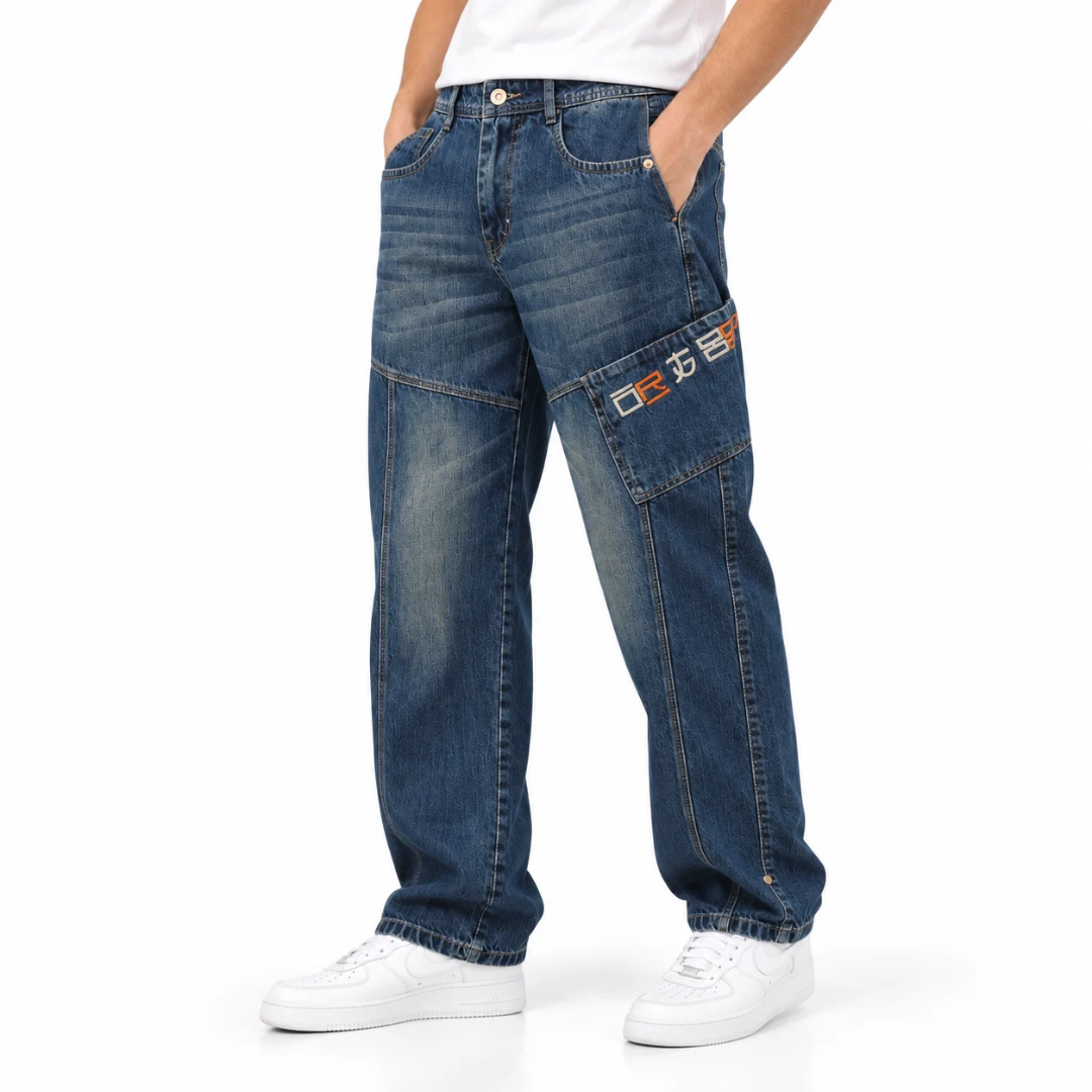 Men's Blue Relaxed-Fit Cargo Jeans