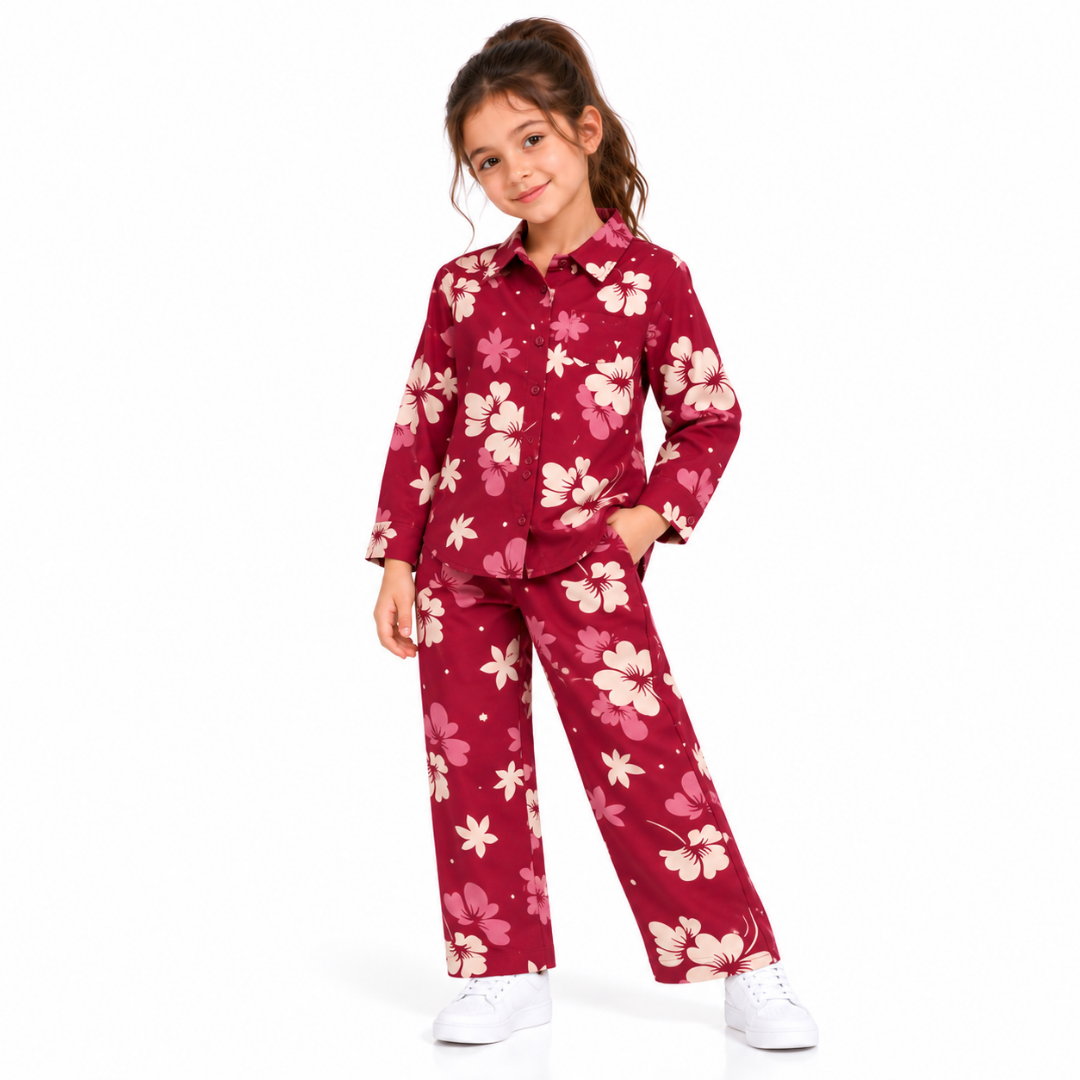 Girls' Maroon Floral Print Shirt and Pants Co-Ord Set (5-11 Years)