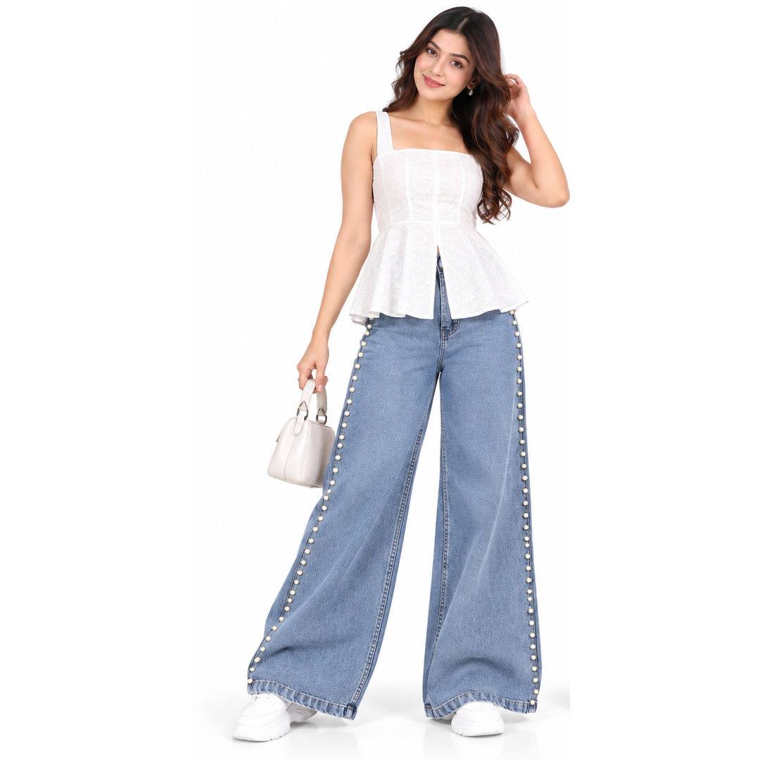 Women's High Rise Pearl Studded Wide Leg Jeans – Light Blue