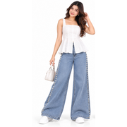 Women's High Rise Pearl Studded Wide Leg Jeans – Light Blue