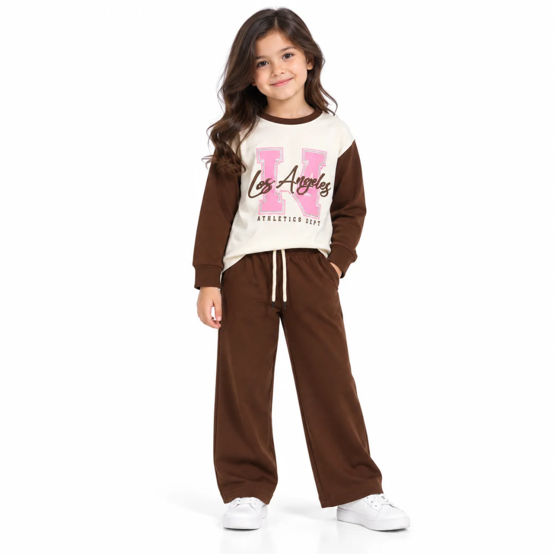 Girls' Brown & Cream Graphic Sweatshirt and Pant Co-Ord Set (5-11 years)