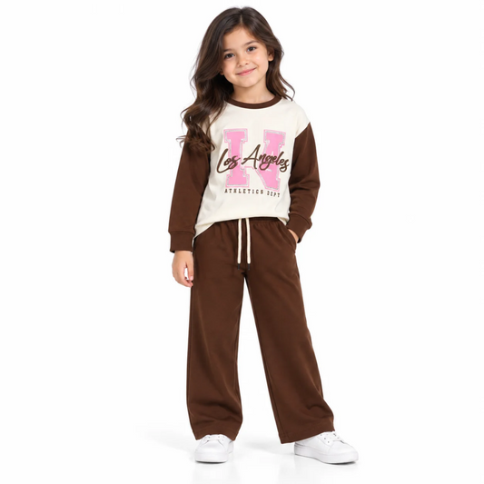 Girls' Brown & Cream Graphic Sweatshirt and Pant Co-Ord Set (5-11 years)