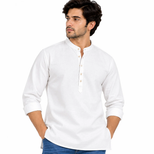 Men's White Textured Mandarin Collar Kurta