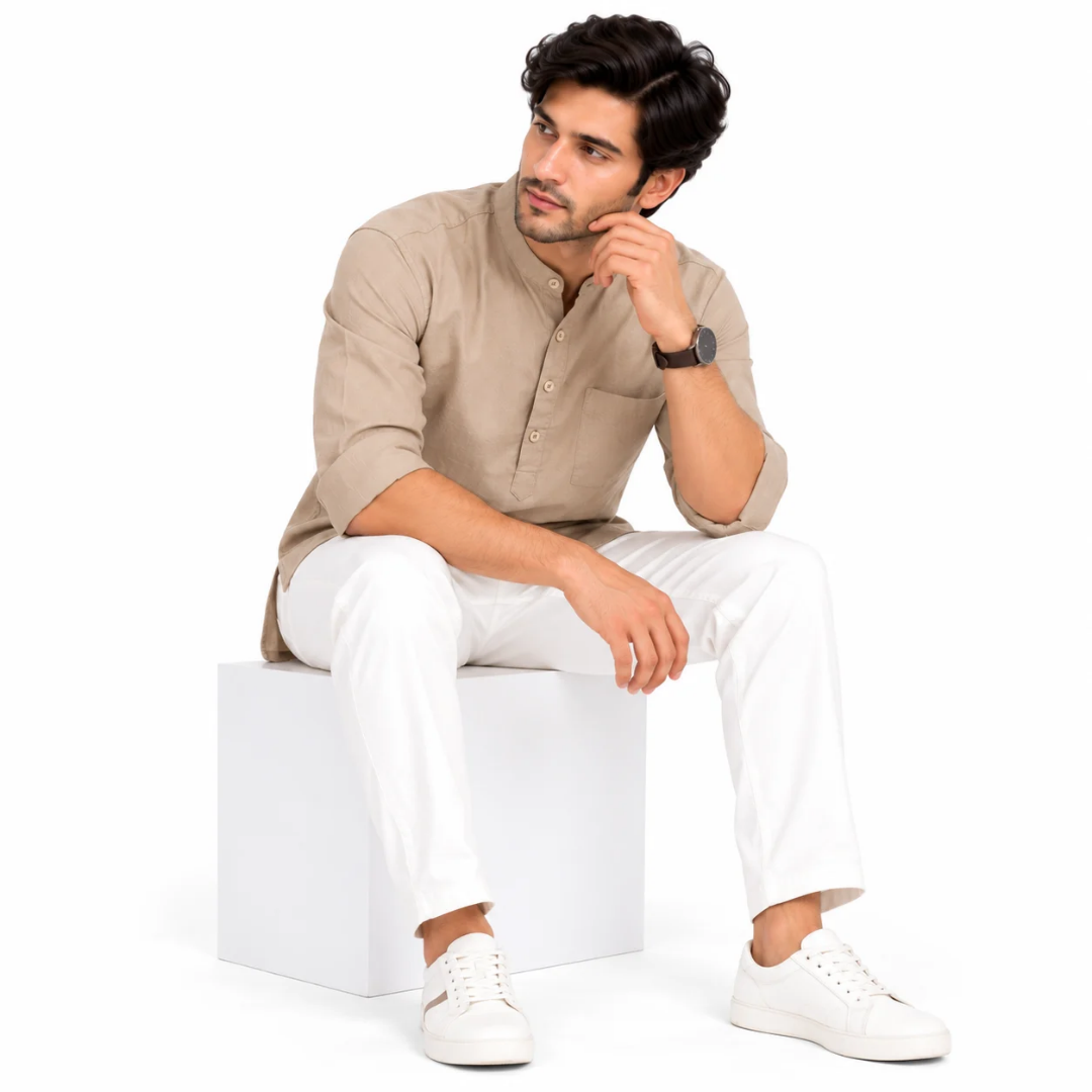 Men's Beige Mandarin Collar Solid Kurta