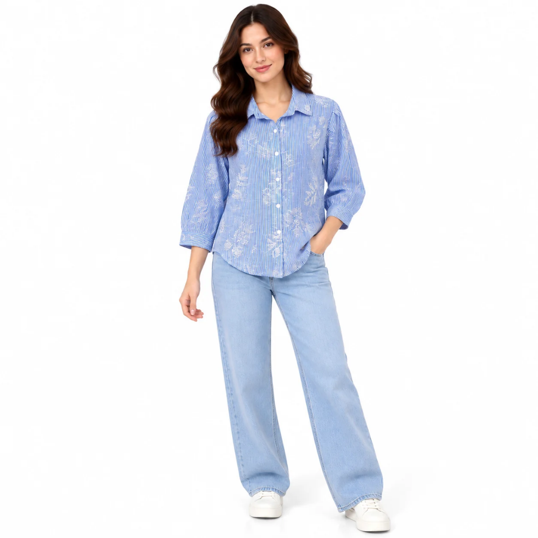 Women's Blue & White Striped Floral Print Button-Down Shirt