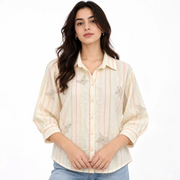 Women's White Floral Embroidered Button-Down Shirt