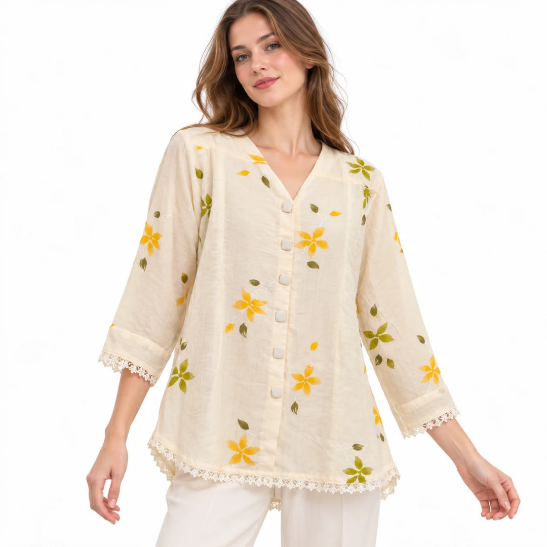 Women's Cream Floral Print Lace-Trimmed Button-Down Top