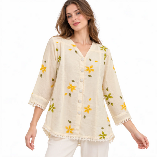 Women's Cream Floral Print Lace-Trimmed Button-Down Top