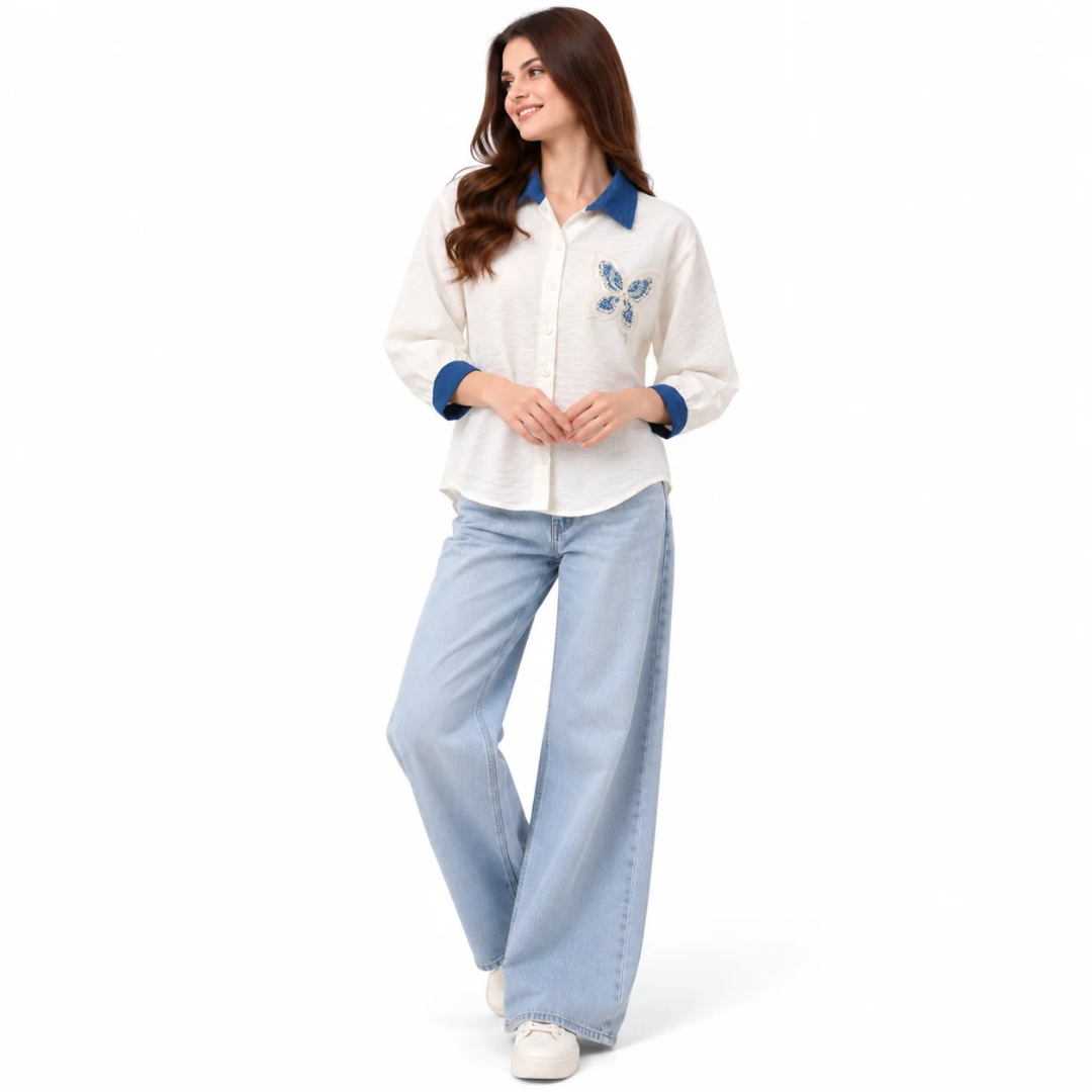 Women's White Button-Down Shirt with Blue Collar & Butterfly Embroidery