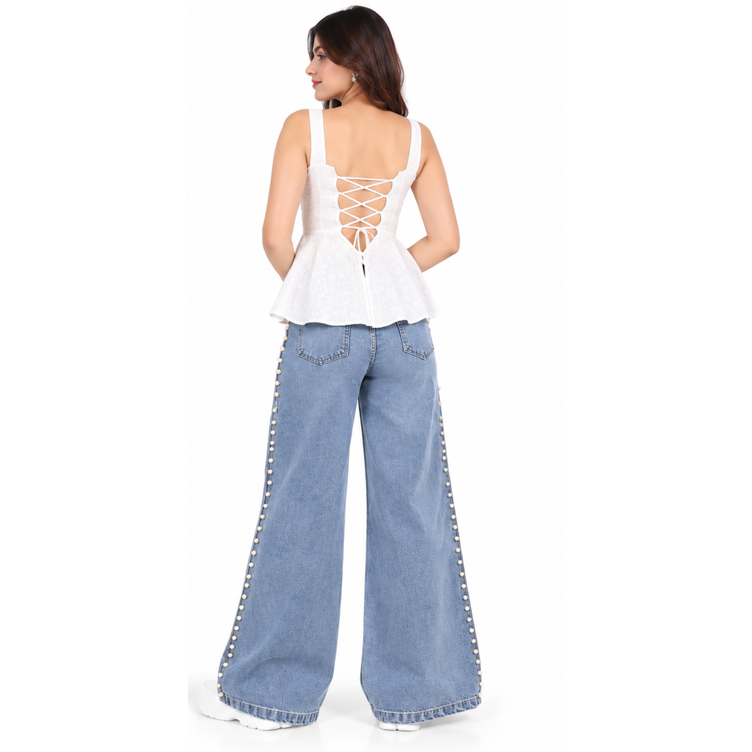 Women's High Rise Pearl Studded Wide Leg Jeans – Light Blue