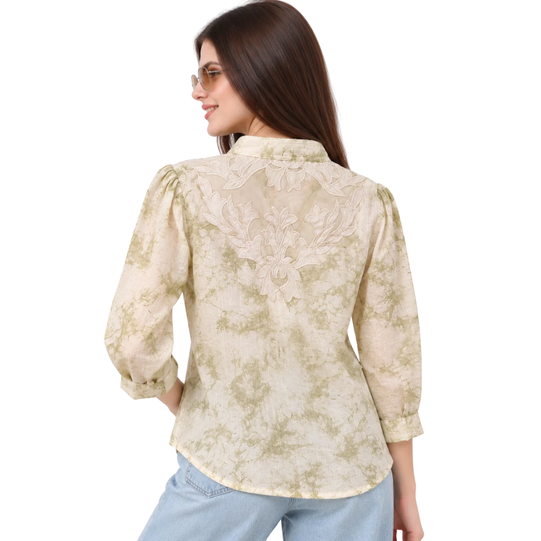 Women's Cream & Sage Green Printed Button-Down Shirt