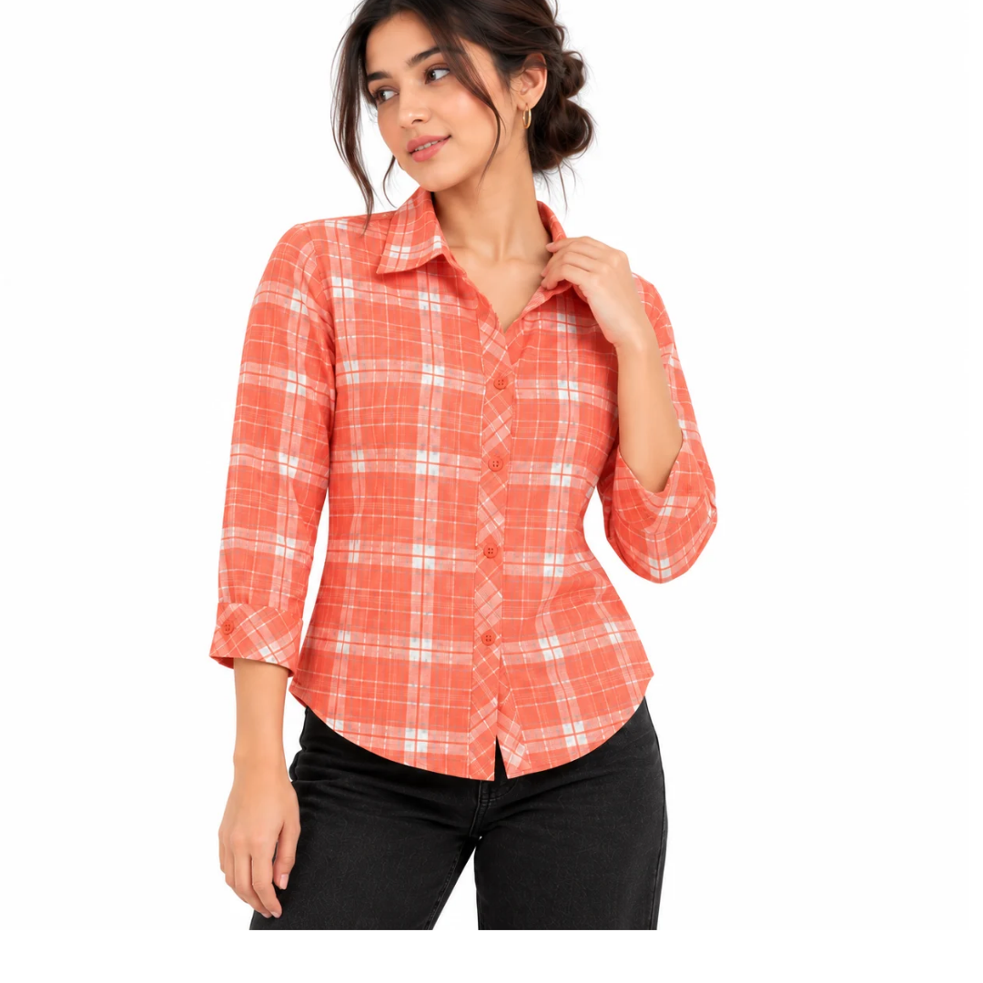 Women's Coral Orange & White Checkered Button-Down Shirt