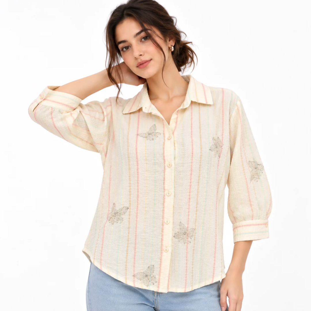 Women's White Floral Embroidered Button-Down Shirt