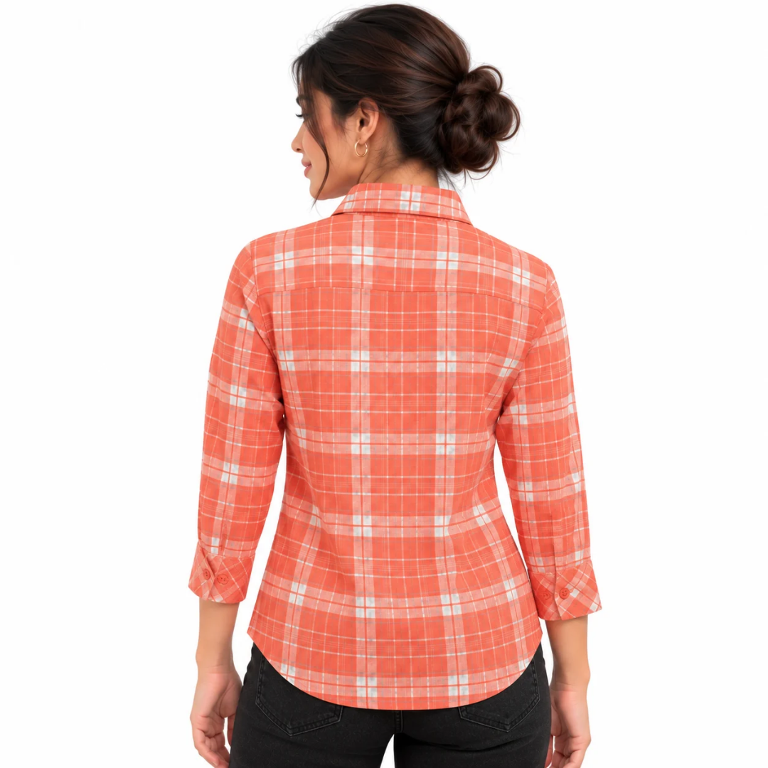 Women's Coral Orange & White Checkered Button-Down Shirt
