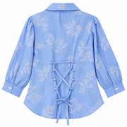 Women's Blue & White Striped Floral Print Button-Down Shirt