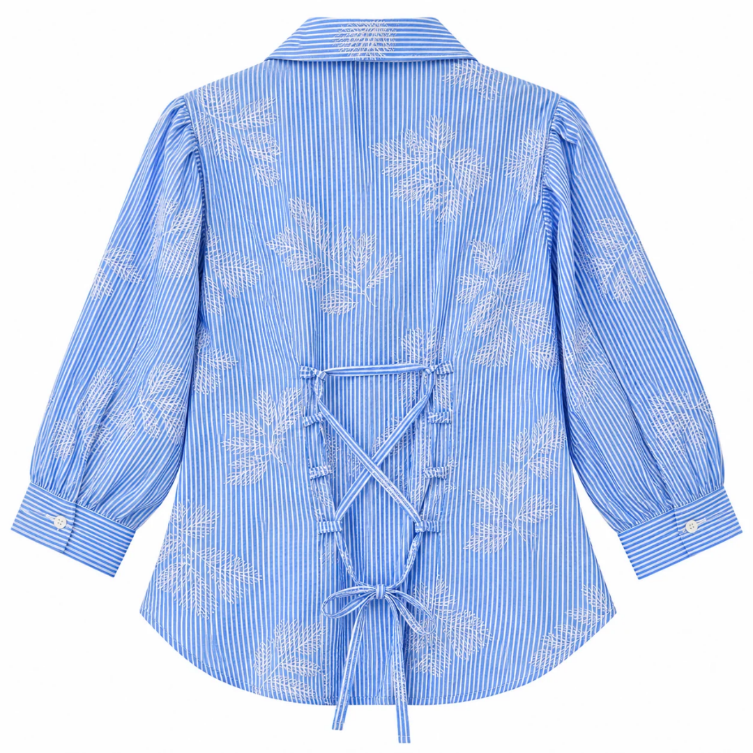 Women's Blue & White Striped Floral Print Button-Down Shirt