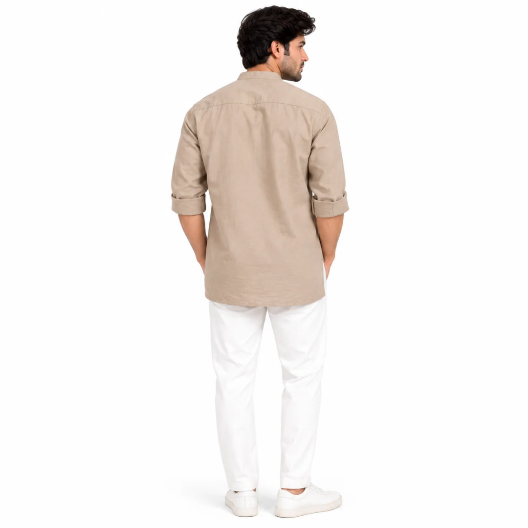 Men's Beige Mandarin Collar Solid Kurta
