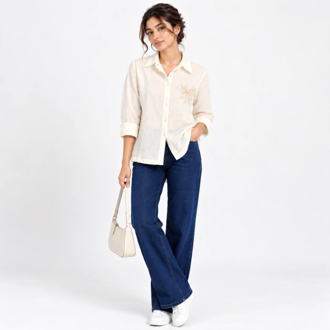 Women's Cream Embroidered Button-Down Shirt