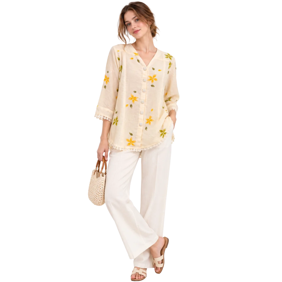 Women's Cream Floral Print Lace-Trimmed Button-Down Top