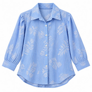 Women's Blue & White Striped Floral Print Button-Down Shirt