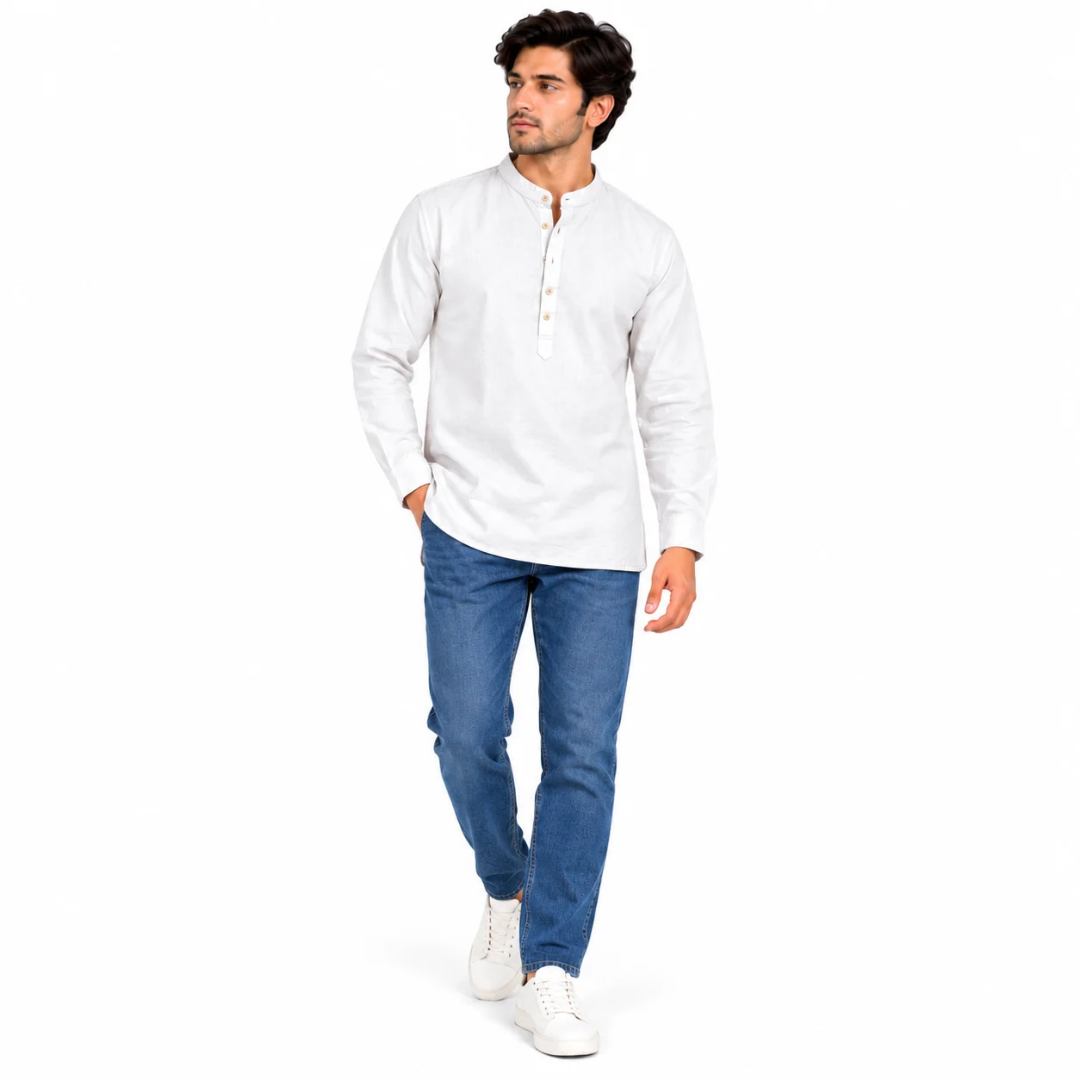 Men's White Textured Mandarin Collar Kurta