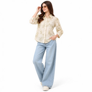 Women's Cream & Sage Green Printed Button-Down Shirt