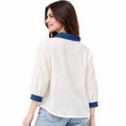 Women's White Button-Down Shirt with Blue Collar & Butterfly Embroidery