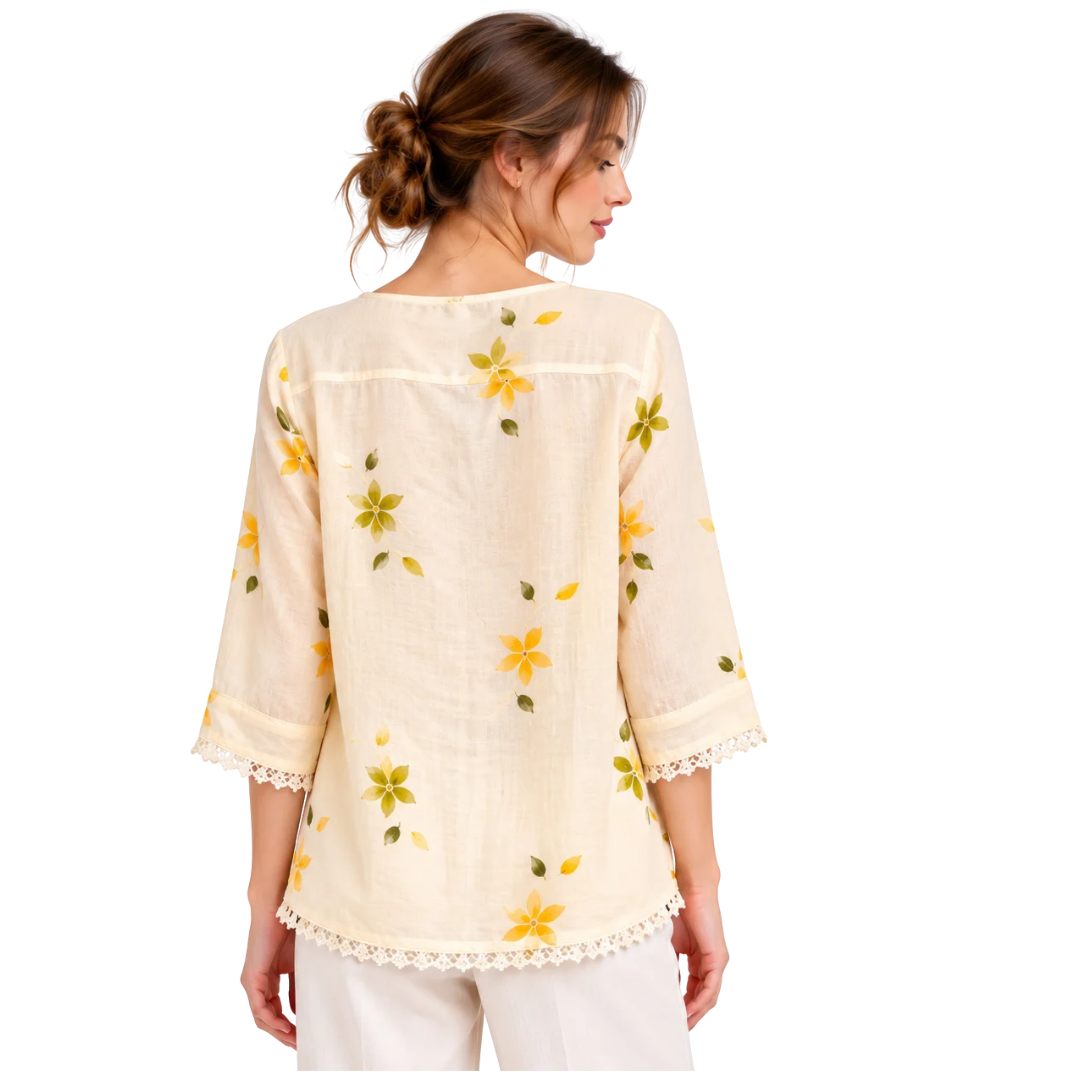Women's Cream Floral Print Lace-Trimmed Button-Down Top
