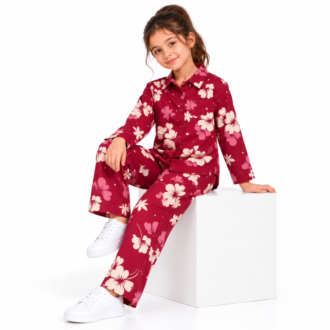 Girls' Maroon Floral Print Shirt and Pants Co-Ord Set (5-11 Years)