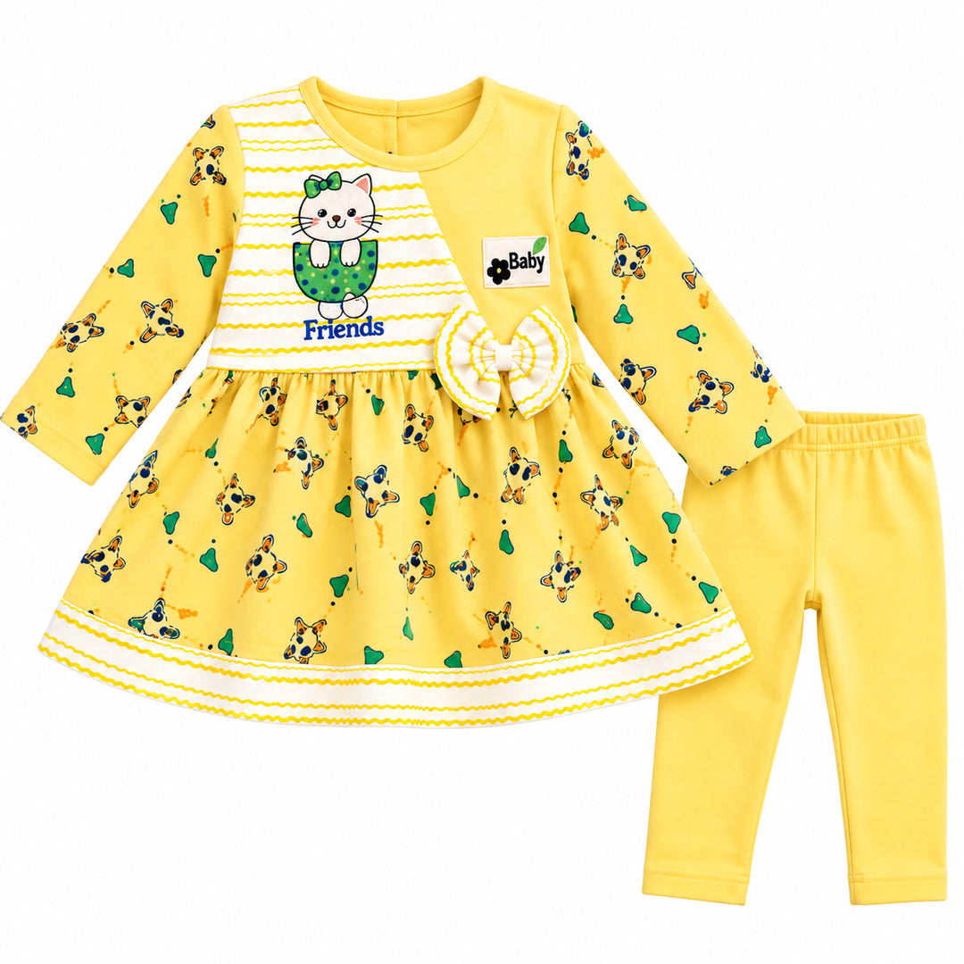 Baby Girls Yellow Cat Printed Full Sleeves Frock & Pants Set