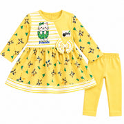 Baby Girls Yellow Cat Printed Full Sleeves Frock & Pants Set