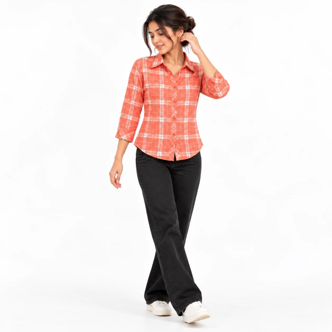Women's Coral Orange & White Checkered Button-Down Shirt