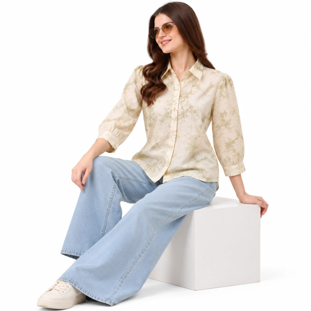 Women's Cream & Sage Green Printed Button-Down Shirt