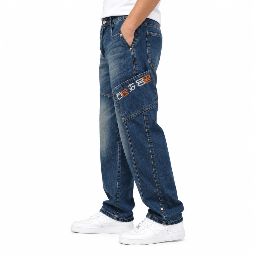 Men's Blue Relaxed-Fit Cargo Jeans