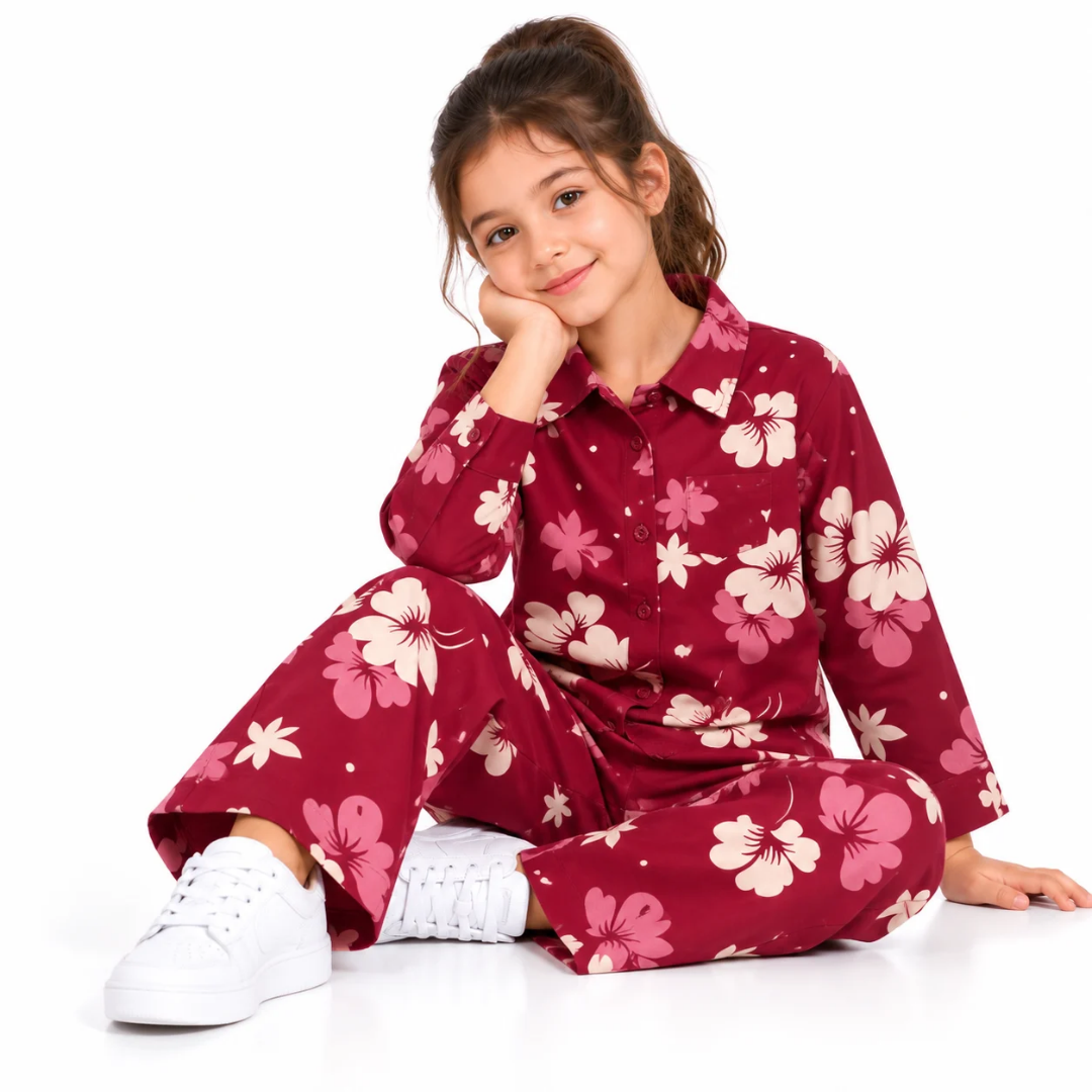 Girls' Maroon Floral Print Shirt and Pants Co-Ord Set (5-11 Years)