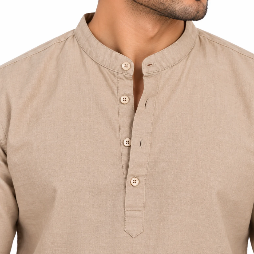 Men's Beige Mandarin Collar Solid Kurta