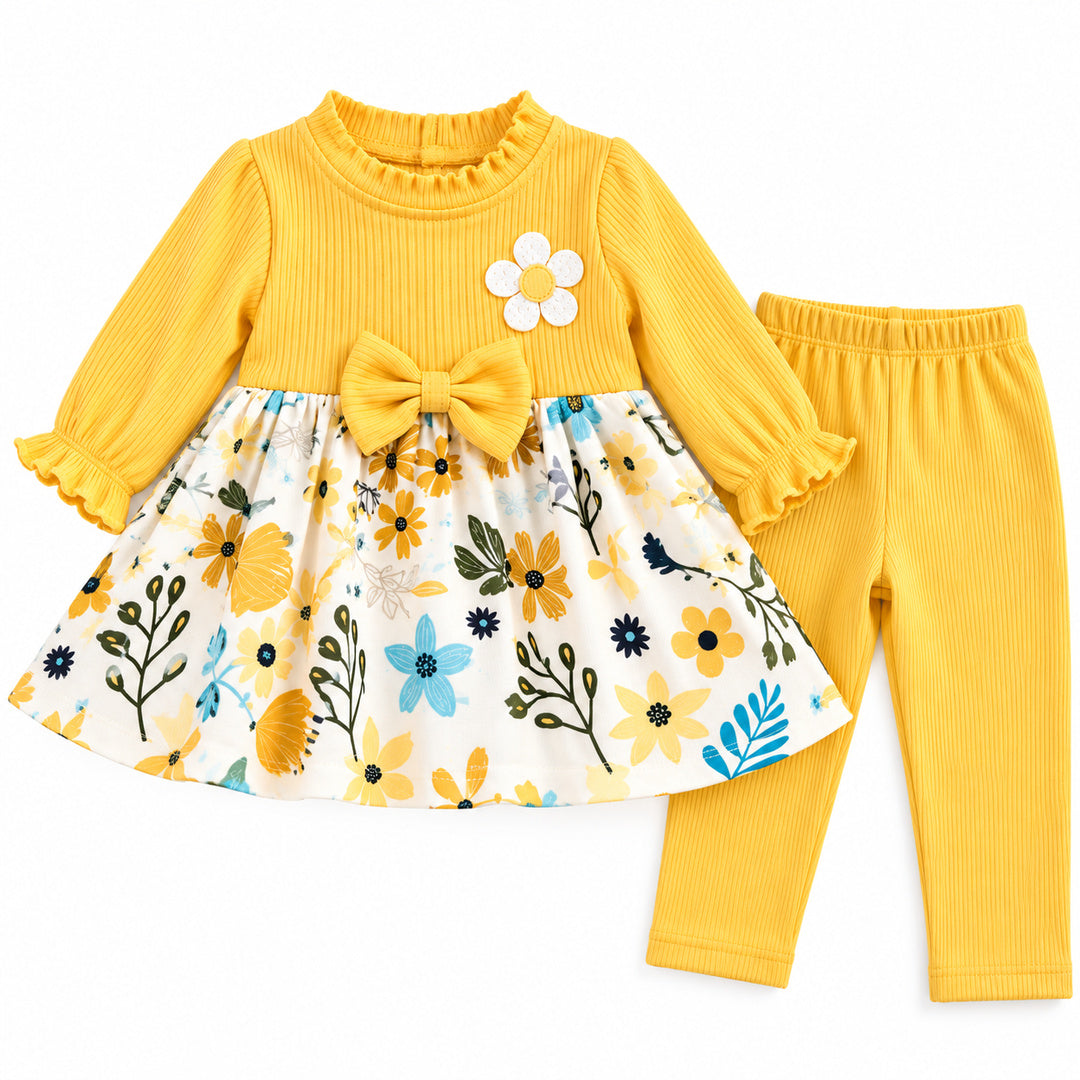Baby Girls Yellow Floral Printed Frock & Pants Set