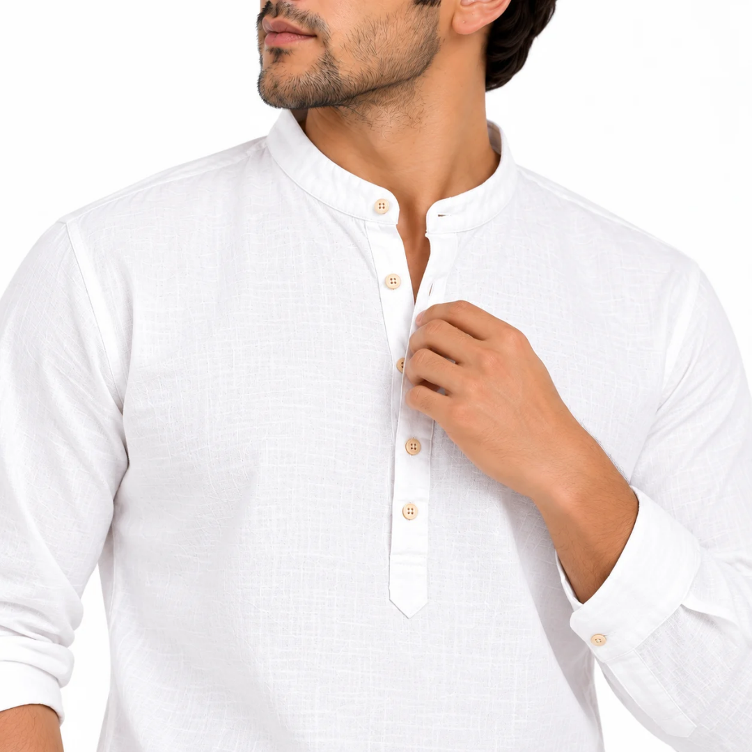 Men's White Textured Mandarin Collar Kurta