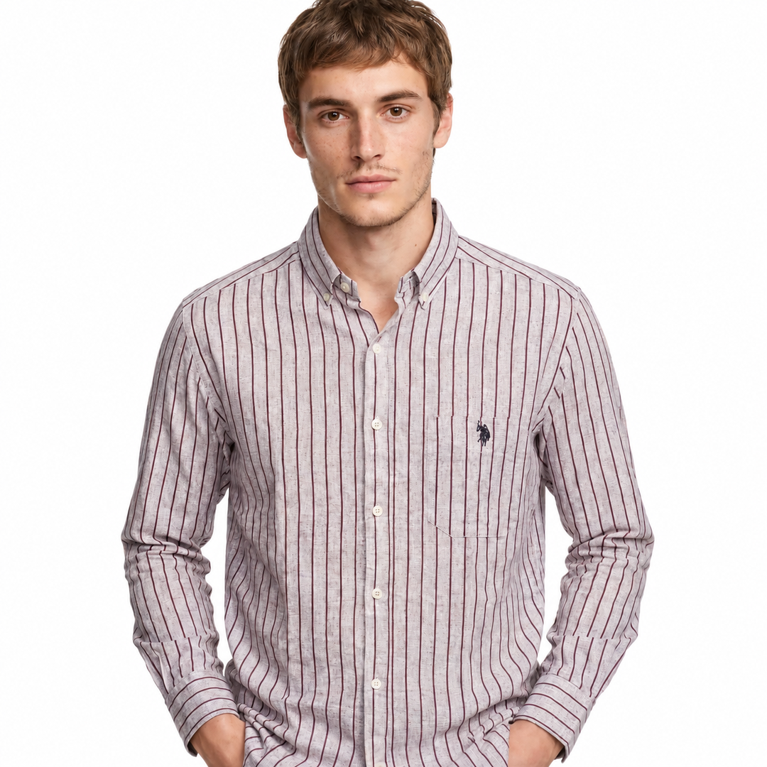 Men’s Grey Shirt with Burgundy Stripes