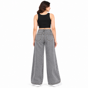 Women's High Rise Floral Rhinestone Wide Leg Jeans – Grey