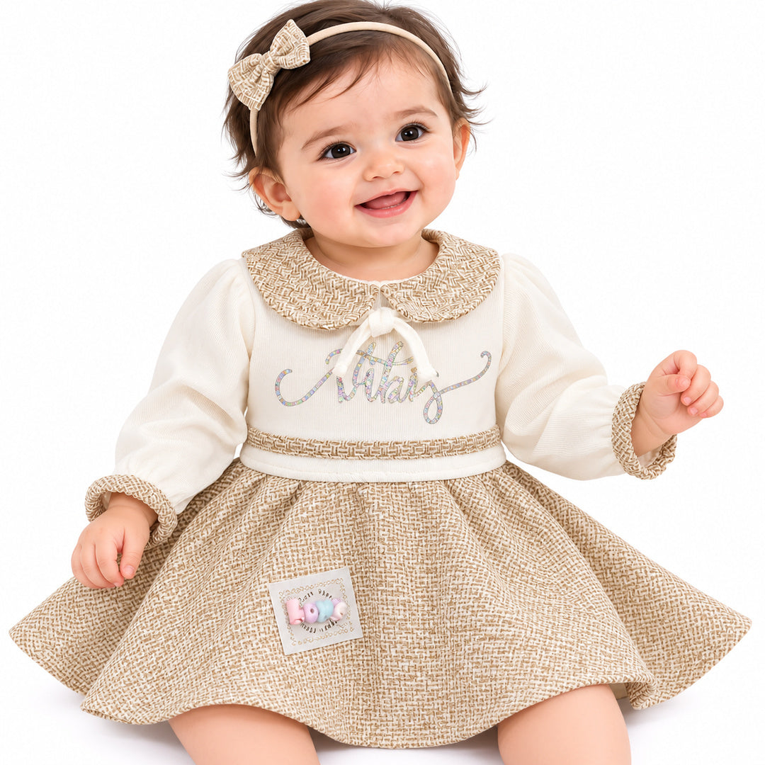 Baby Girls Cream & Beige Textured Frock with Pants Set