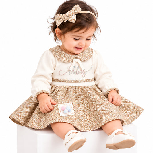 Baby Girls Cream & Beige Textured Frock with Pants Set